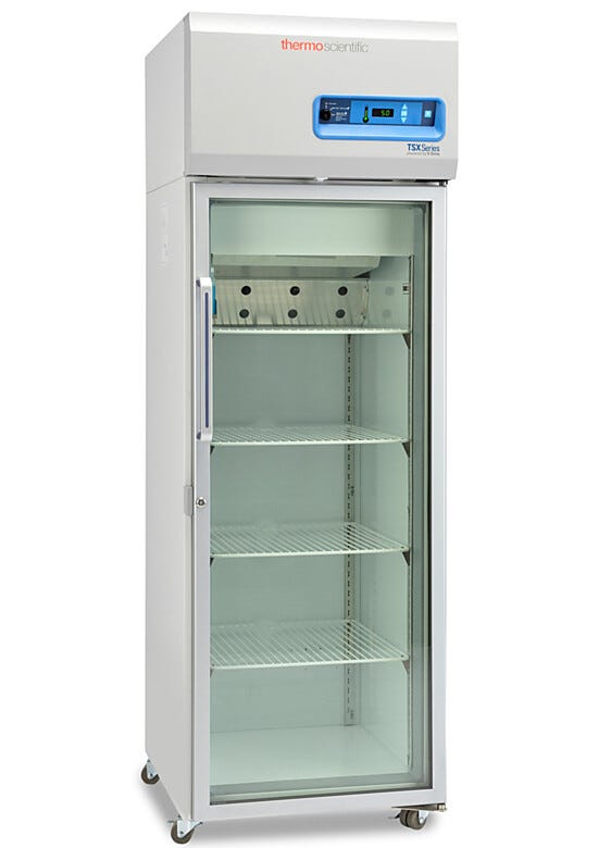 Single-glass door 326L TSX High-Performance Refrigerator by Thermo Fisher Scientific includes 4 shelves and casters; GMP Clean Room Class A/ISO 6 compatible | 1621-07 displayed