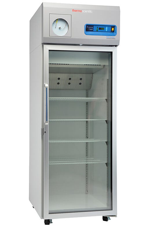 Single-glass door 650L TSX High-Performance Refrigerator by Thermo Fisher Scientific includes 4 shelves and casters; GMP Clean Room Class A/ISO 6 compatible | 1621-08 displayed