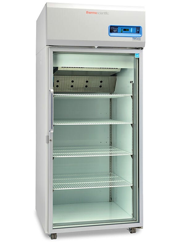 Single-glass door 827L TSX High-Performance Refrigerator by Thermo Fisher Scientific includes 4 shelves and casters; GMP Clean Room Class A/ISO 6 compatible  |  1621-09 displayed