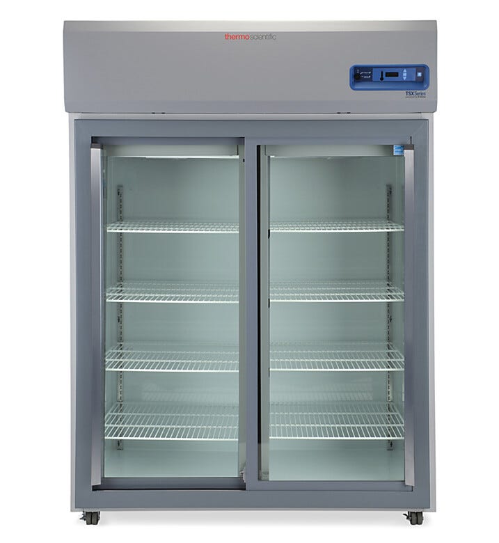 Double-glass door 1297L TSX High-Performance Refrigerator by Thermo Fisher Scientific with 8 shelves and casters; GMP Clean Room Class A/ISO 6 compatible | 1621-10 displayed