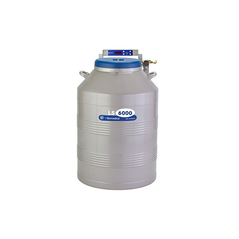 TW LS6000 Cryogenic Refrigerator has a 165L liquid or vapor LN2 capacity, an aluminum body with magniformed necktube; stores 6000 2ml vials  |  6900-12 displayed