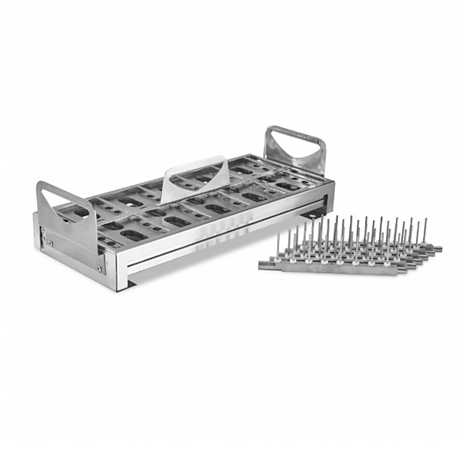 Labconco 304 stainless steel 12 x 32 mm Vial Insert #4574400 holds 48 vials and includes retainer lid with handle, support holder and six spindle arms  |  6927-54 displayed