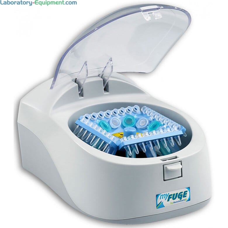 Benchmark’s myFuge 12 centrifuge with the COMBI-rotor that holds microtubes and PCR strips simultaneously  |  2825-00 displayed