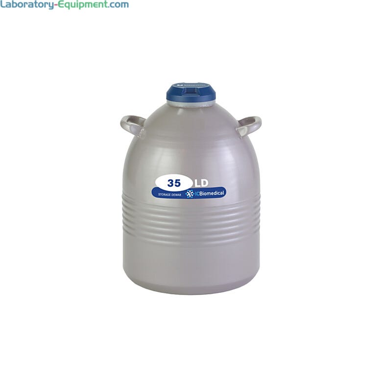 TW 35LDB Dewar by IC Biomedical with 35-liter LN2 capacity and a snap-on cap closure for secure sample storage and dispensing; optional Liquid Withdrawal Device  |  6901-05 displayed