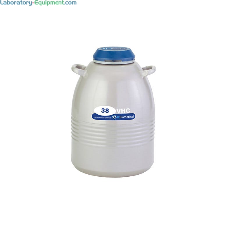 : TW 38VHC High Capacity Cryogenic Storage Freezer with a 38L LN2 capacity and a 120-day static hold time for long-term sample storage; includes six 11