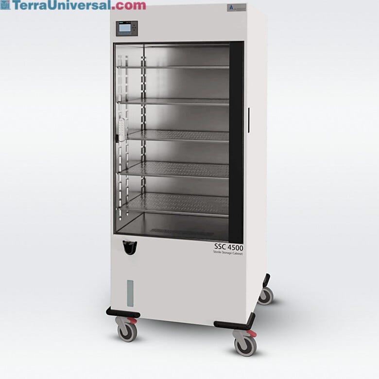 Large sterile storage cabinet with five shelves included for storing sterile medical equipment in a clean air, controlled environment  |  3947-00 displayed