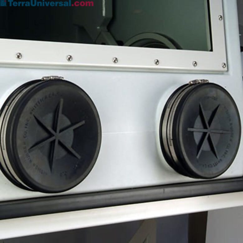 Shown are exterior glove port covers placed over gloveports on a Labconco glovebox. | 3643-51 displayed