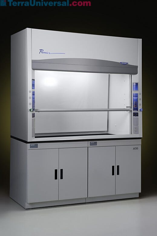 Eight foot Protector Premier laboratory fume hoods by Labconco shown with optional storage cabinets | 3649-36 displayed