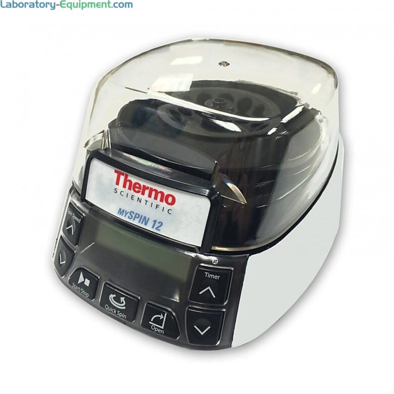Compact and versatile mySPIN 12 mini centrifuge from Thermo Fisher has safety options and tool-free rotor exchange | 3615-82 displayed