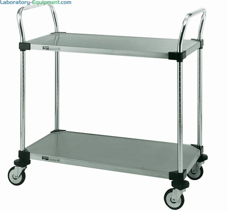 Metro MW100 series utility cart features two solid stainless steel shelves practical for transporting materials requiring an expanse of flat surface  |  1302-PP-01 displayed
