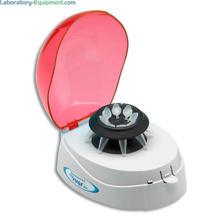 myFuge Mini lab centrifuge from Benchmark Scientific with transparent red lid | 2812-04 displayed