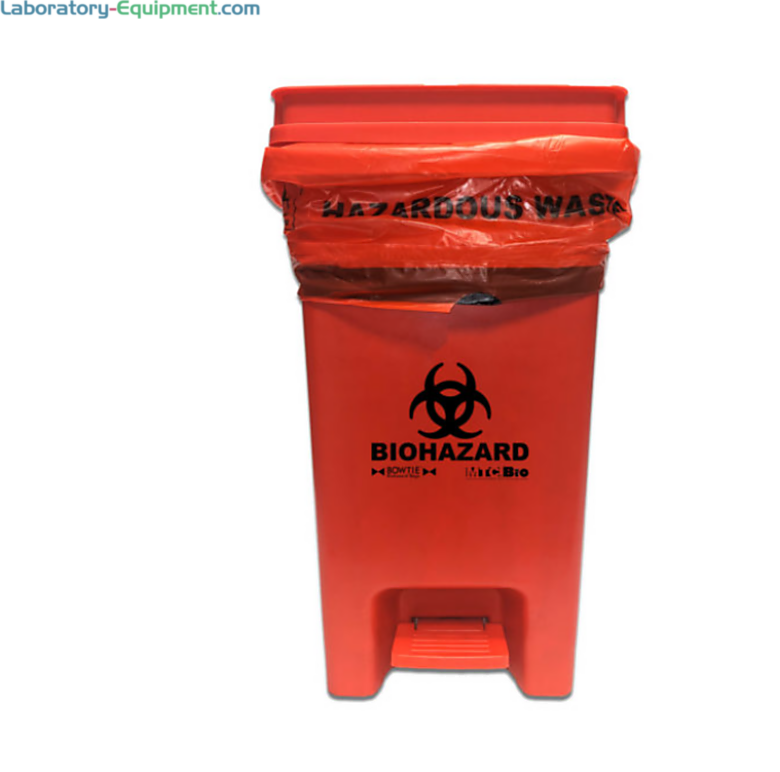 13-Gallon Biohazard Bin by MTC Bio with a touchless operated lid for quick disposal of hazardous waste compatible with BowTie Biohazard Bag; A8000B  |  5705-95 displayed