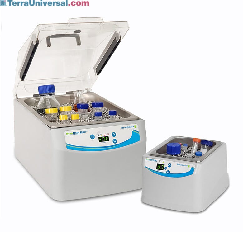 2L and 10L BeadBath Duo(™) by Benchmark Scientific with thermal beads and test bottles in containers