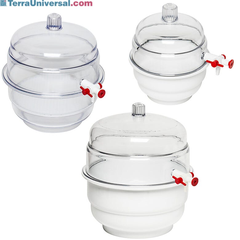 Vacuum Space-Saver desiccator drying chambers from Bel-Art feature white, chemical-resistant polyurethane base  |  1539-55 displayed