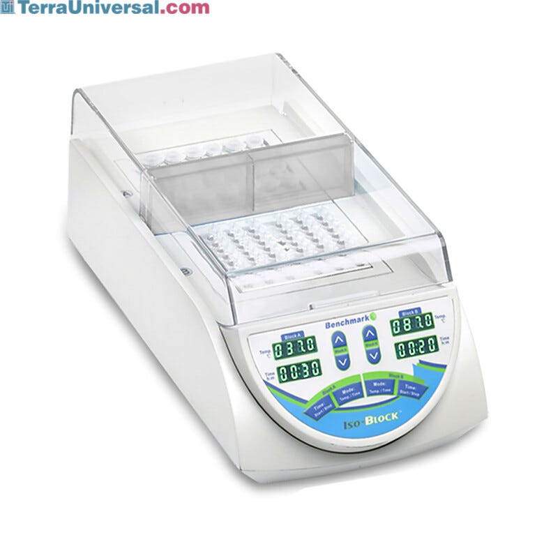 Benchmark's IsoBlock is a digital dry bath that features two  isolated chambers maintain independent time and temperature control  |  2829-49 displayed