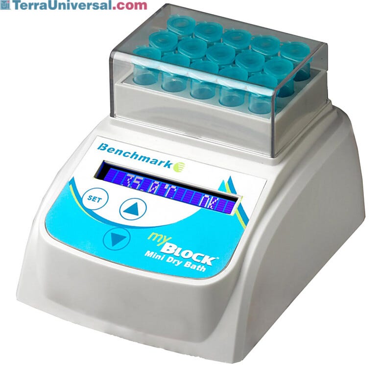 The myBlock™ Mini Dry Bath by Benchmark Scientific features a compact size to conserve bench space  |  2818-00 displayed