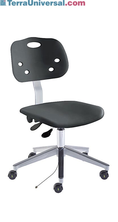 Biofit black Armorseat desk chair includes polypropylene seat and backrest, cast aluminum base, and dual-wheel casters for ESD applications