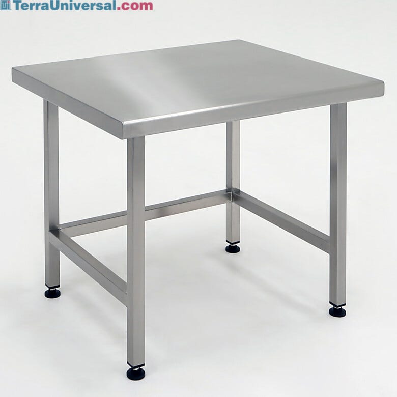 Stainless steel ISO-rated cleanroom table with solid top features ultra-smooth surfaces for easy cleaning and sterilization  |  9603-03 displayed