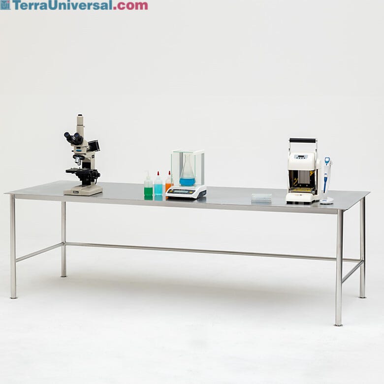 BioSafe® stainless steel workstation with round tube legs and 5mm solid top worksurface  |  9605-70 displayed