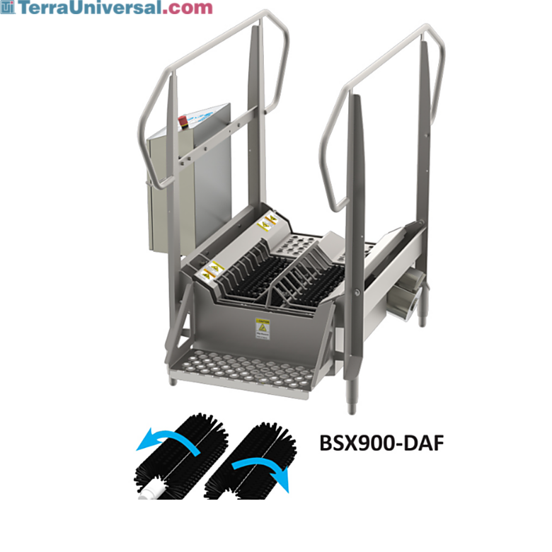 Stainless steel BSX900 Compact Walk Through Dual Sole Boot Scrubber by Best Sanitizers with 2 long horizontal brushes accommodates 15-25 users per minute, 115V  |  5608-31 displayed