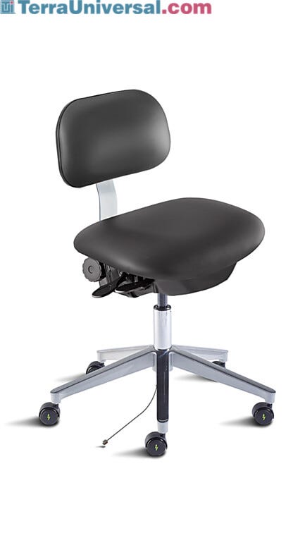 Biofit ISO4 black desk chair includes cast aluminum base, dual-wheel casters for ESD applications, and large backrest