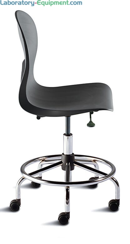 Biofit black chair includes tubular steel base, polypropylene shell, footring, dual-wheel casters and chrome-plated metal parts