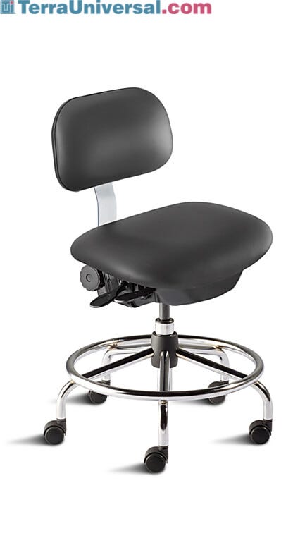 Biofit ISO4 black desk chair includes high profile tubular steel base, dual-wheel casters, footring and concave seat with internal seat board bumperguard