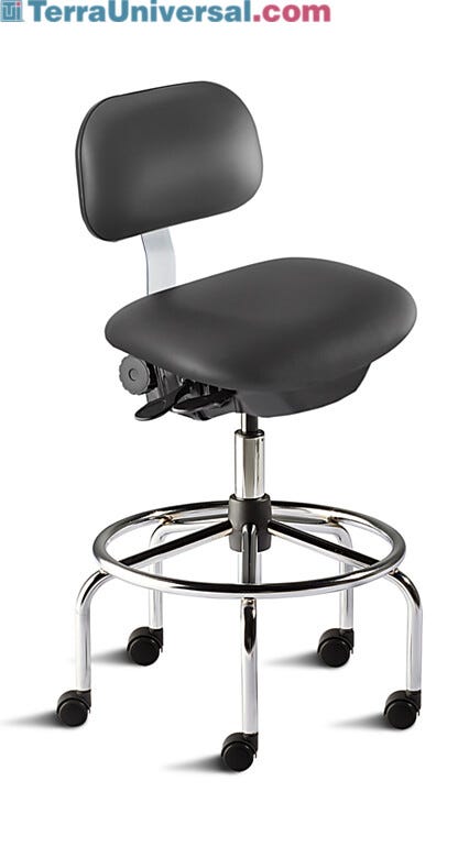 Biofit ISO4 black high bench chair includes high profile tubular steel base, dual-wheel casters, footring and concave seat with internal seat board bumperguard