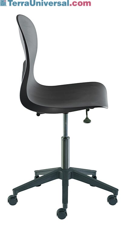 Biofit black high bench chair includes composite base, dual-wheel casters, polypropylene shell and black metal part finish