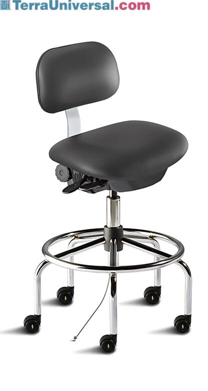 Biofit ISO4 black high bench chair includes tubular steel base, dual-wheel casters for ESD applications, large backrest and footring