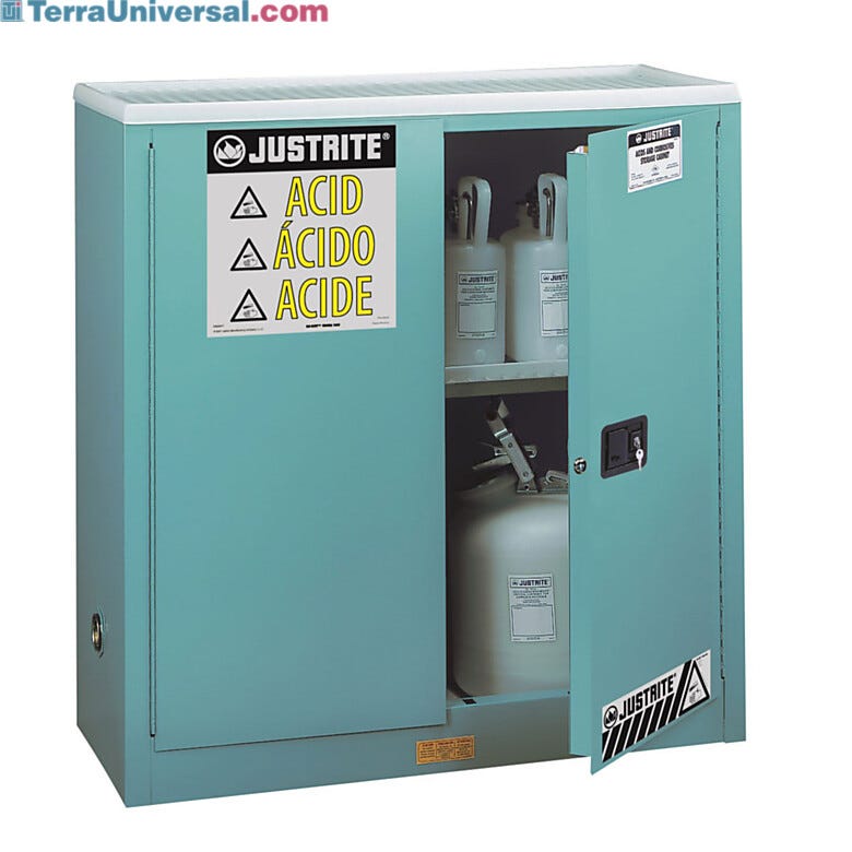 Corrosive Storage by Justrite features two manual stainless steel doors with 3-point stainless steel bullet latching system | 2820-09A displayed