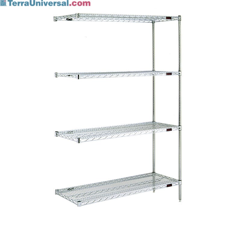 Complete 4-shelf add-on system by Eagle Group with adjustable open-wire shelves easily attaches to existing shelving system; available in low cost chrome-plated