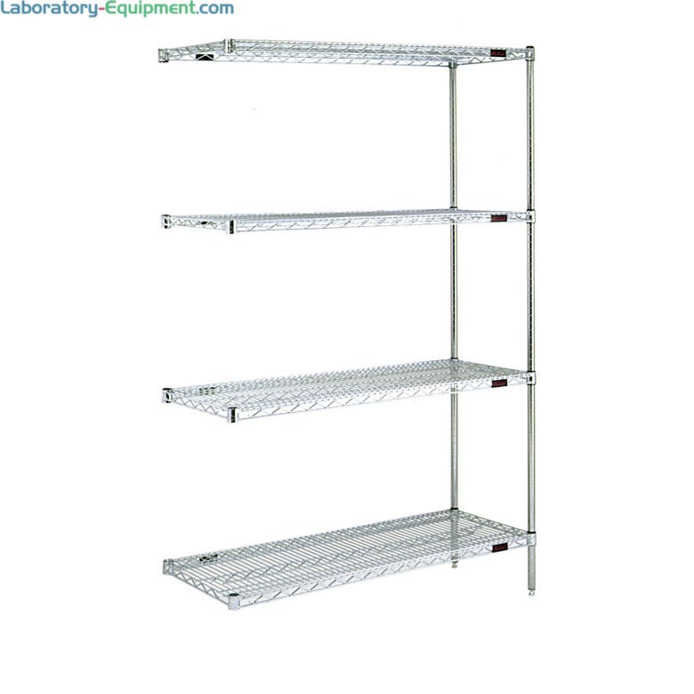 Complete 4-shelf add-on system by Eagle Group with adjustable open-wire shelves easily attaches to existing shelving system; available in low cost chrome-plated