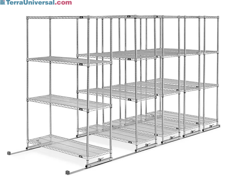Shelving units slide on a track for storage efficiency  |  1384-03 displayed
