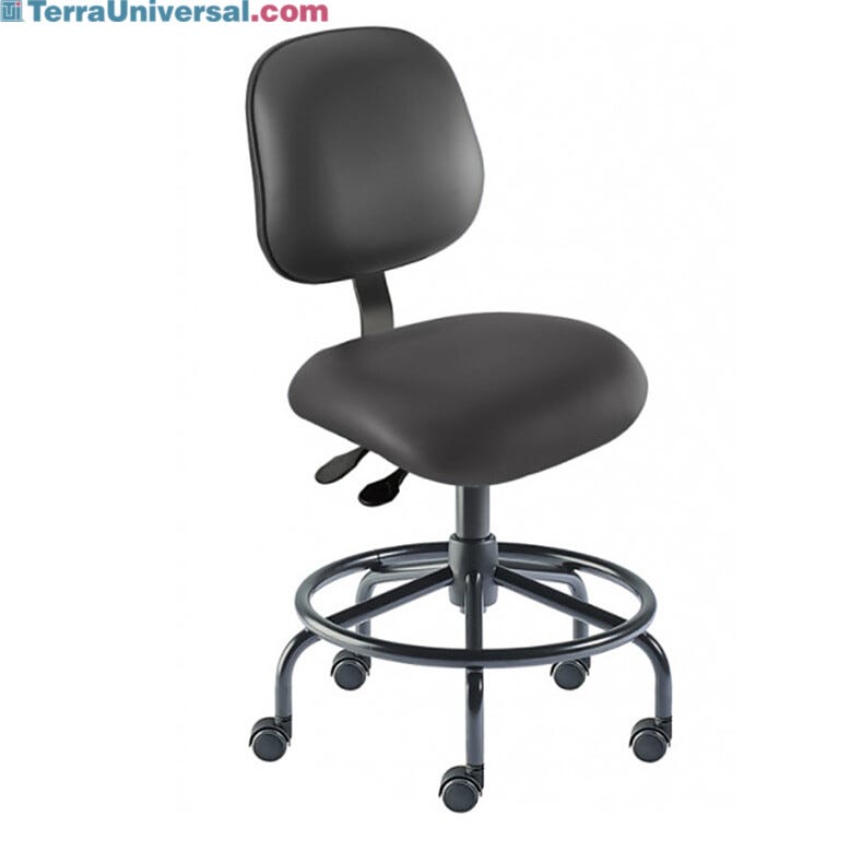 Black Elite EES-L-RC ISO 8 Cleanroom Chair by Biofit with footring, steel base and powdercoat finish; desk height model EES-L-RC-T-XF-XA-ISO8-06-P28540  |  2809-16 displayed