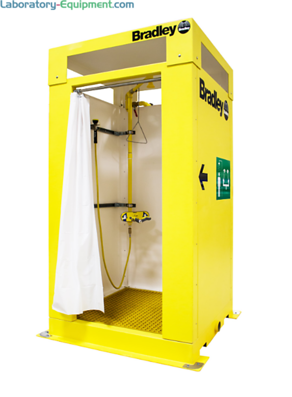 Enclosed safety shower with tepid water inlet