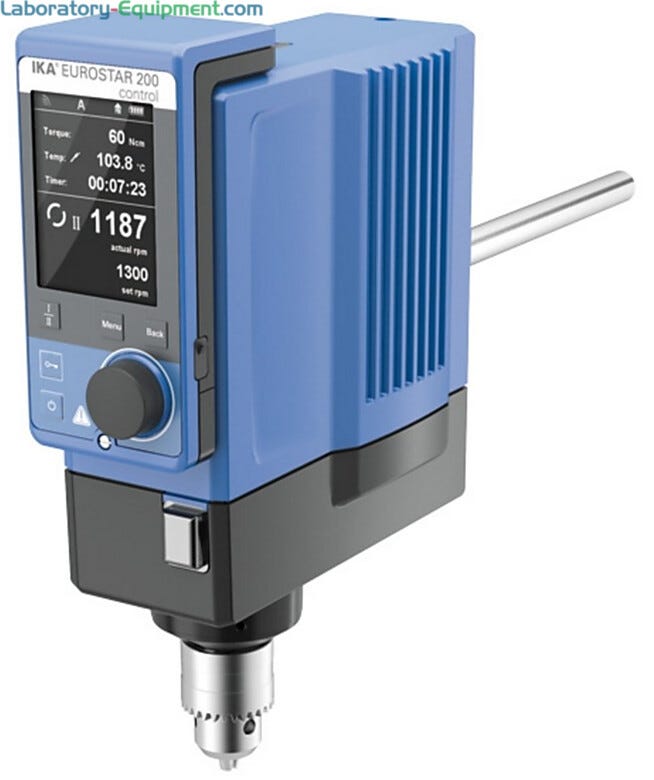 IKA EUROSTAR 200 control Overhead Stirrer with a 100L capacity features programmable functions and a wireless controller integrates with lab software  |  6926-98 displayed