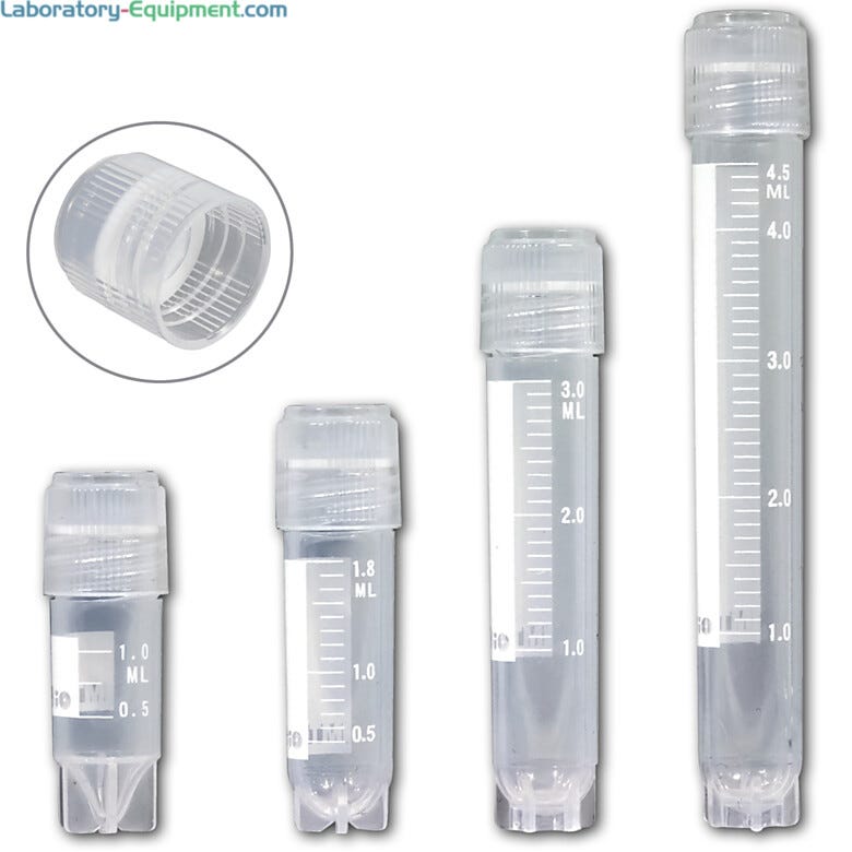Self-standing externally threaded cryogenic vial with printed graduations and marking area
