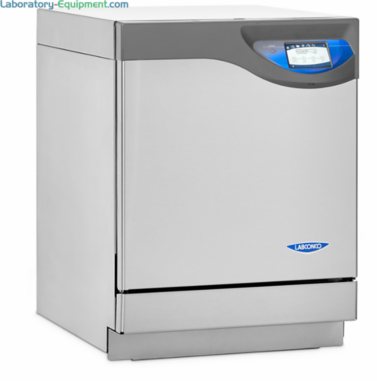 FlaskScrubber models for narrow-neck and Erlenmeyer flasks heat up to 199° F (93° C) and includes a SS lower rack with 36 spindles and 18 glassware holders