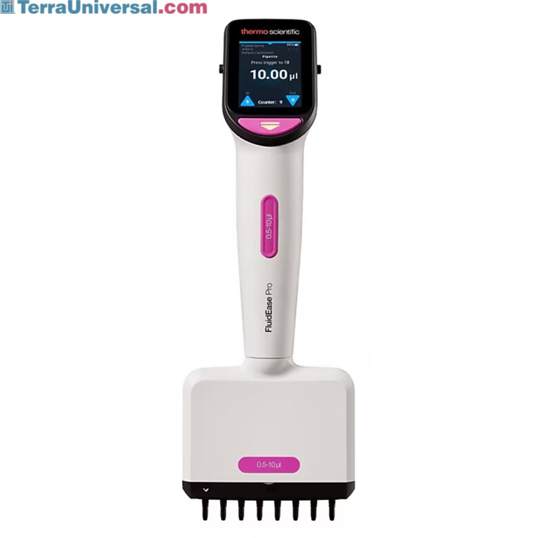 Large touchscreen user interface of FluidEase Pro and secure ClipTip of 8-Channel Electronic Pipette, 0.5-10 µL by Thermo Scientific, 4676010