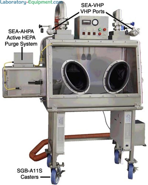 Germfree Class III Biological Safety Cabinet shown with optional active airlock, VHP ports, UPS battery backup, exhaust blower and casters | 5607-25 displayed
