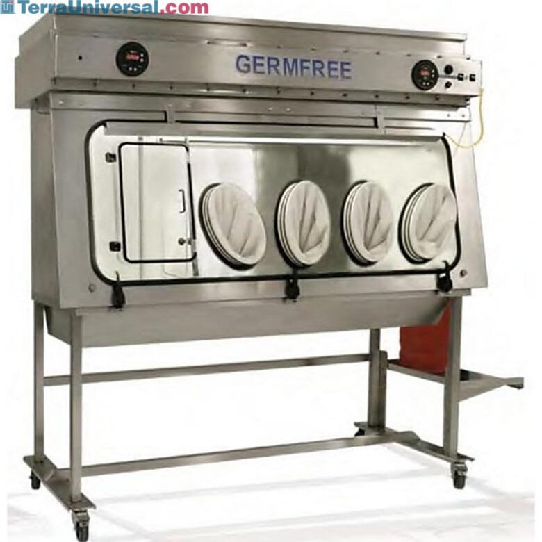 Germfree’s VersaFlow™ Compounding Aseptic Isolator features all-stainless steel construction and oval glove ports (4-port model shown)  |  5607-21 displayed