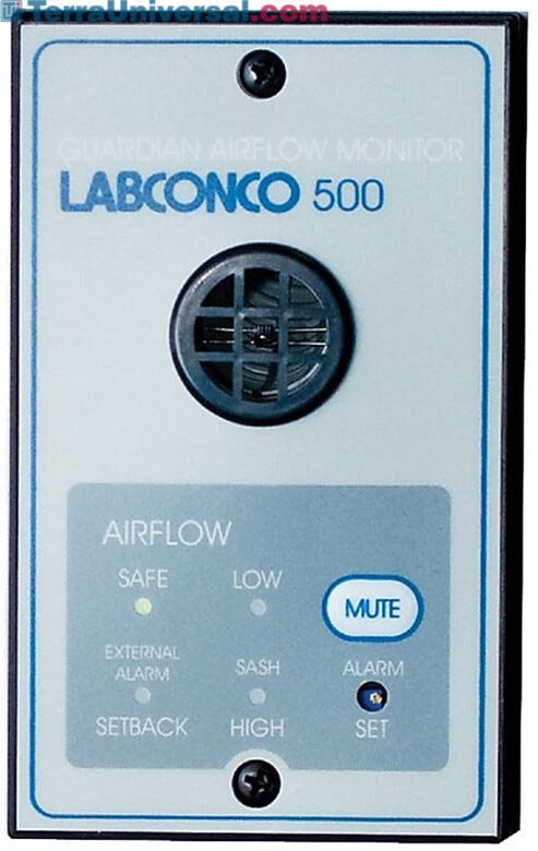 115V and 230V Guardian 500 Airflow Monitor by Labconco factory-prepared cutout on upper portion of Protector and Xstream Hoods; #9723213 and #9743214 | 3646-56 displayed