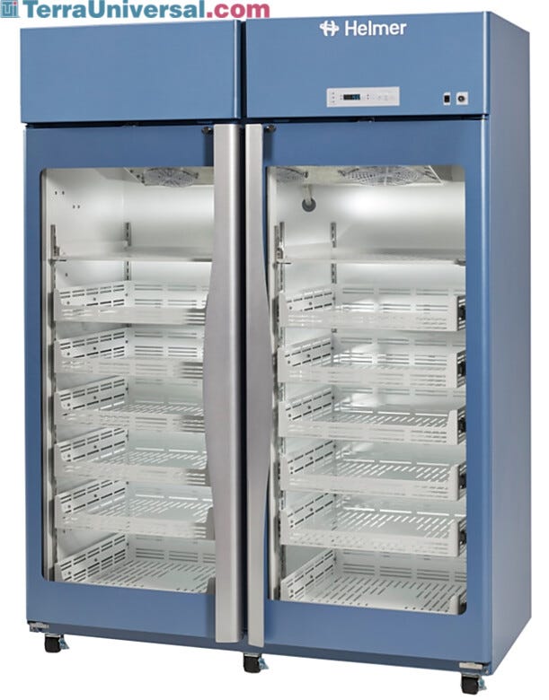 GX Horizon Double-door Pharmacy Refrigerators with a digital microprocessor include ventilated shelves (2) and drawers (12); in 44.9, and 56.0 cu ft. models | 6707-PP-01 displayed