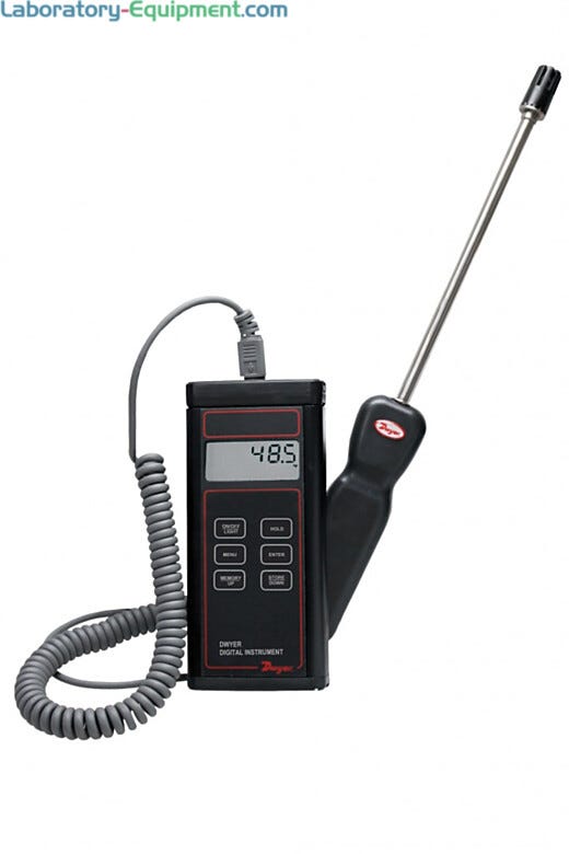 Hand-held Digital Hygrometer, measures % RH from 0-100% and temperature in °F or °C; calculates dew point and wet bulb temperature based on RH and temp readings | 3643-58 displayed