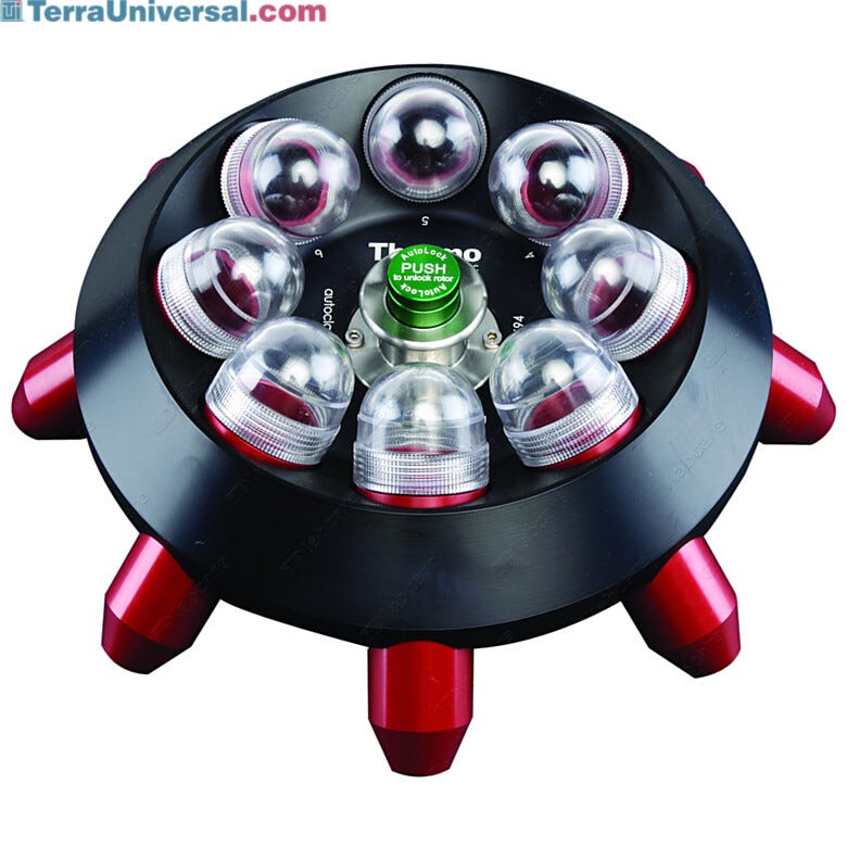 Hereaus Megafuge fixed-angle 8-position rotor from Thermo Fisher holds 8x50 ml individually sealed vessels at 45° | 1538-63 displayed