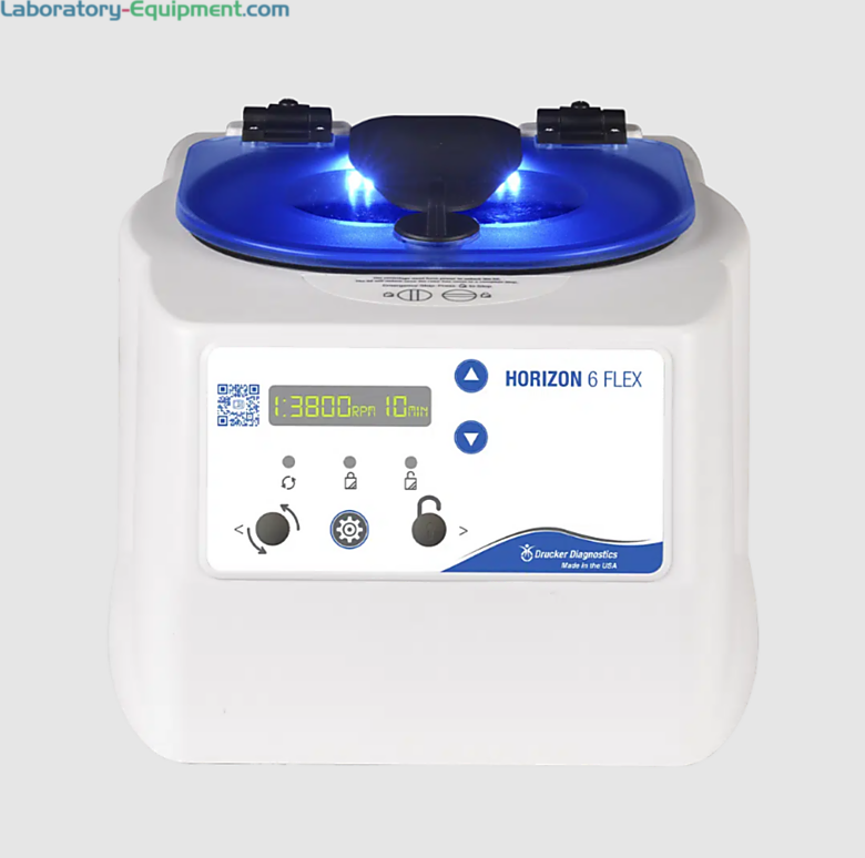 HORIZON 6 Flex Programmable Centrifuge by Drucker Diagnostics with rotor and tube holders, a 6 x 75-100 mm capacity, 10 settings, and 3 presets. | 6708-59 displayed