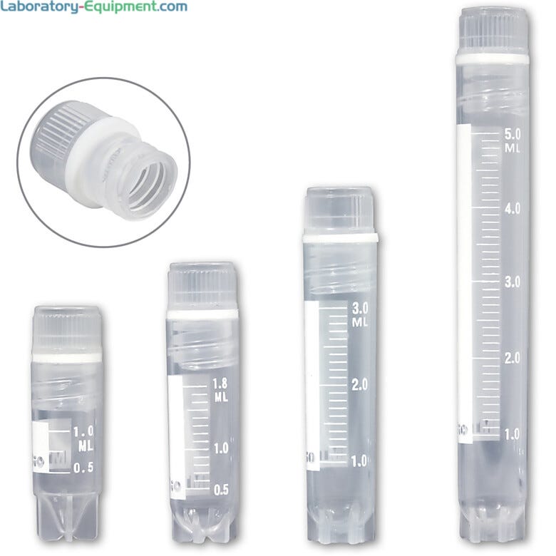 Self-standing internally threaded cryogenic vial with printed graduations and marking area