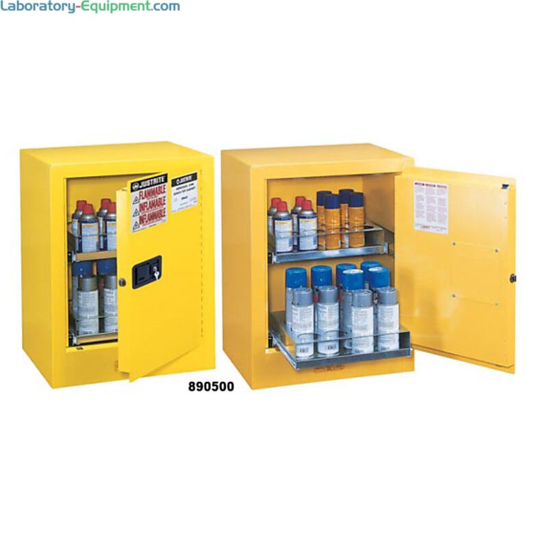 Sure-Grip EX benchtop flammables safety cabinet stores and organizes aerosol cans in a compact footprint that fits anywhere  |  1619-93 displayed