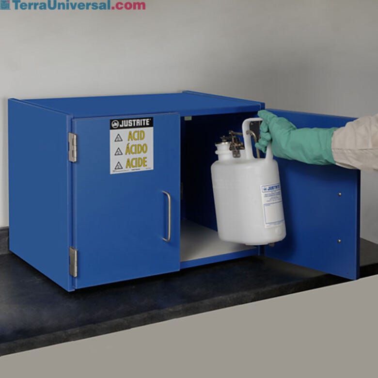 Countertop laminate storage cabinet holds small quantities of acids and corrosives, featured stainless steel hinges and handles resist corrosion